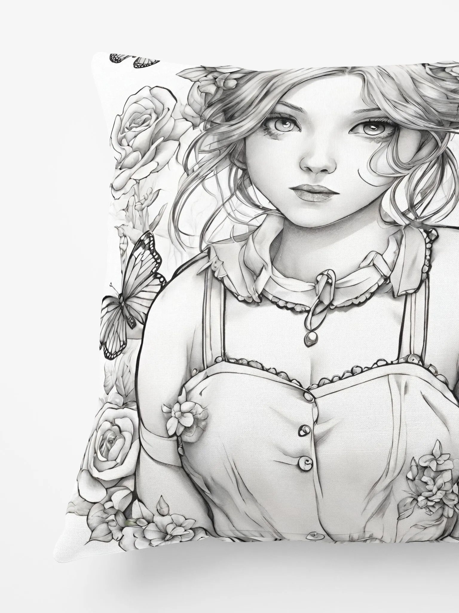 Monochrome Girl, Roses and Butterflies Design Pillow product image (4)