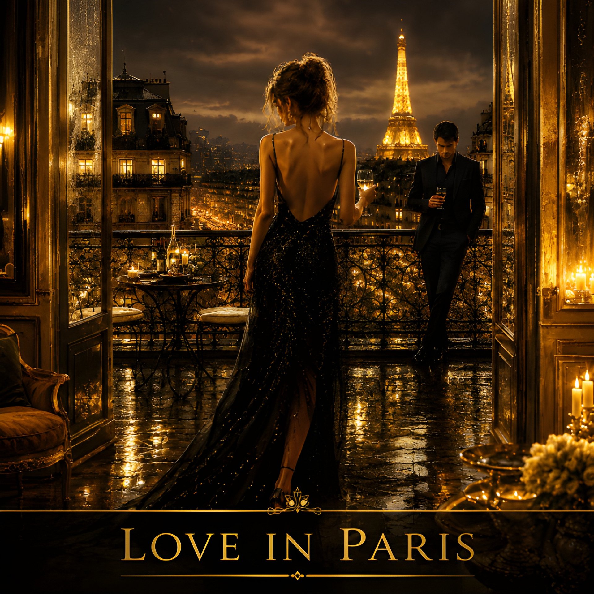 Romantic Paris Night Balcony Eiffel Tower Couple Wall Art Print Digital Download 8K JPEG product image (2)