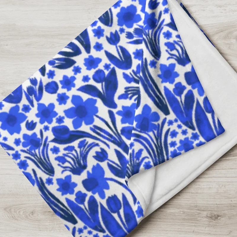 Spring Garden in Royal Blue on White – Elegant Floral Throw Blanket product image (2)