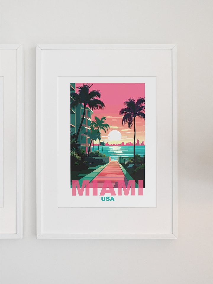 Tropical Sunset in Miami Art Print, Vibrant Beachside Palm Trees Poster, Retro Styled Miami USA Skyline, Coastal Wall Decor, Gift Idea product image (1)