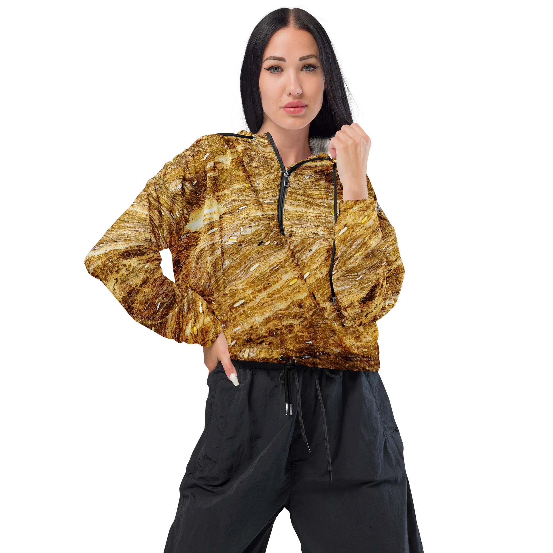 Golden Strata Women's All-Over Print Layered Amber Cropped Windbreaker product image (1)