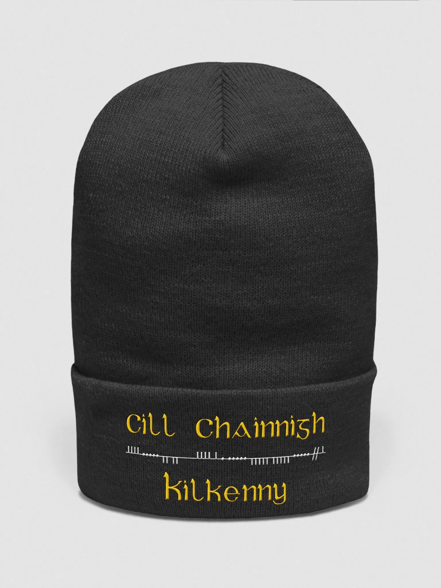 Kilkenny/Cill Chainnigh Scholastic style Ogham, black with white and amber, embroidered Cuffed Beanie product image (1)