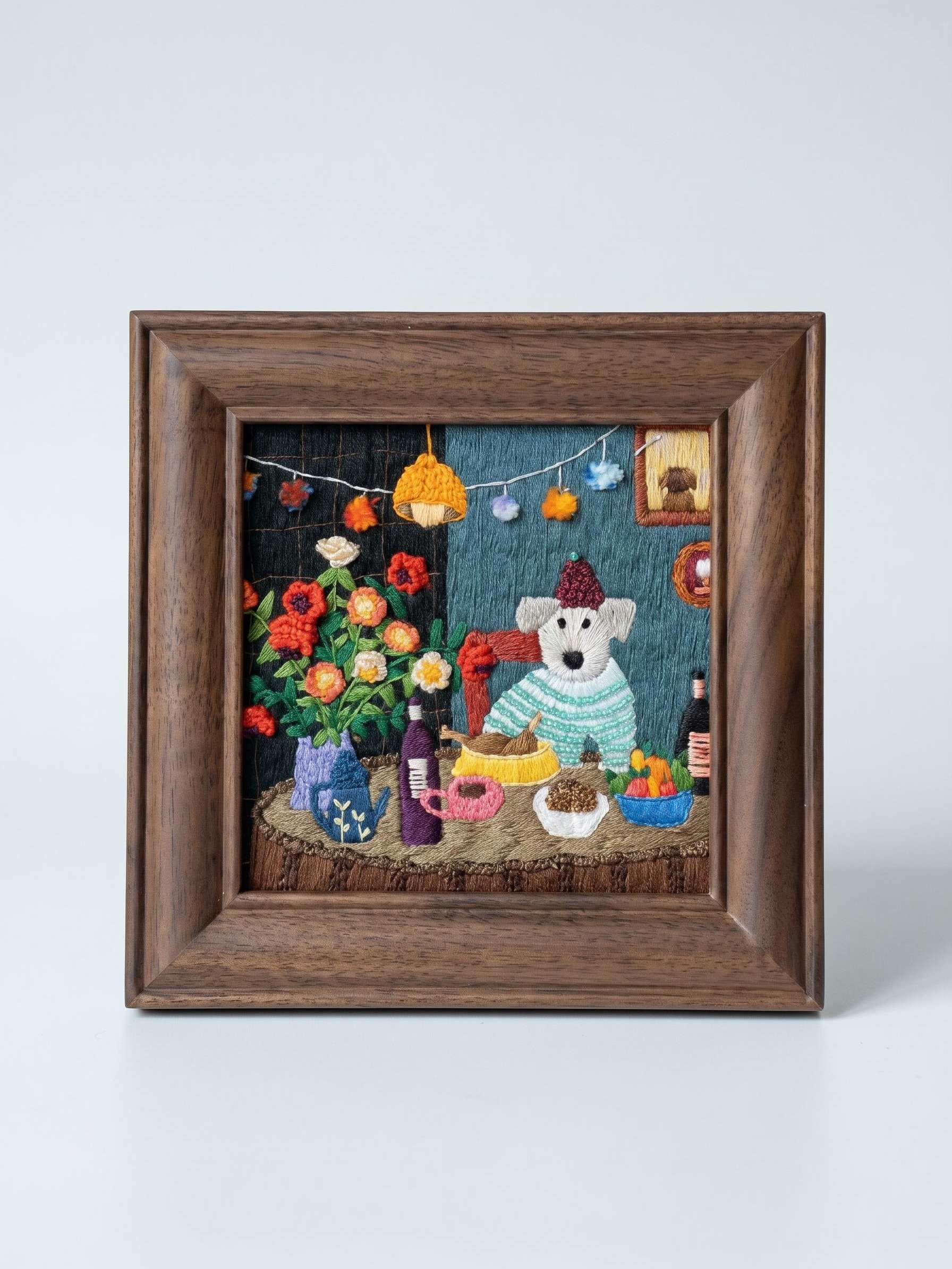 Sunday Pastry Ritual Dog Embroidery Art Ready to Display Victorian Dining Room Decor product image (1)