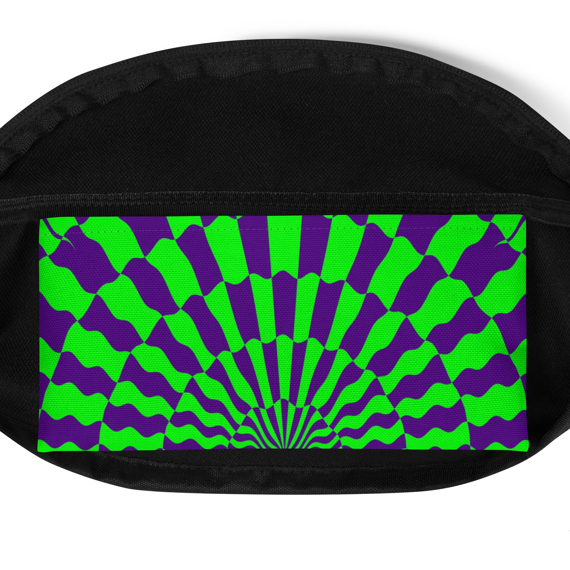 Psychedelic EDM Festival Fanny Pack, Trippy Techno Rave Fashion Accessory, Neon Green Purple Party Bag, Twisted Checkers Spiral Illusion Art product image (4)