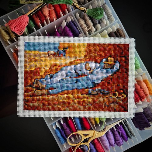 Van Gogh’s The Siesta, reimagined in postcard size cross stitch project.
A quiet moment translated into cross stitch — compac...