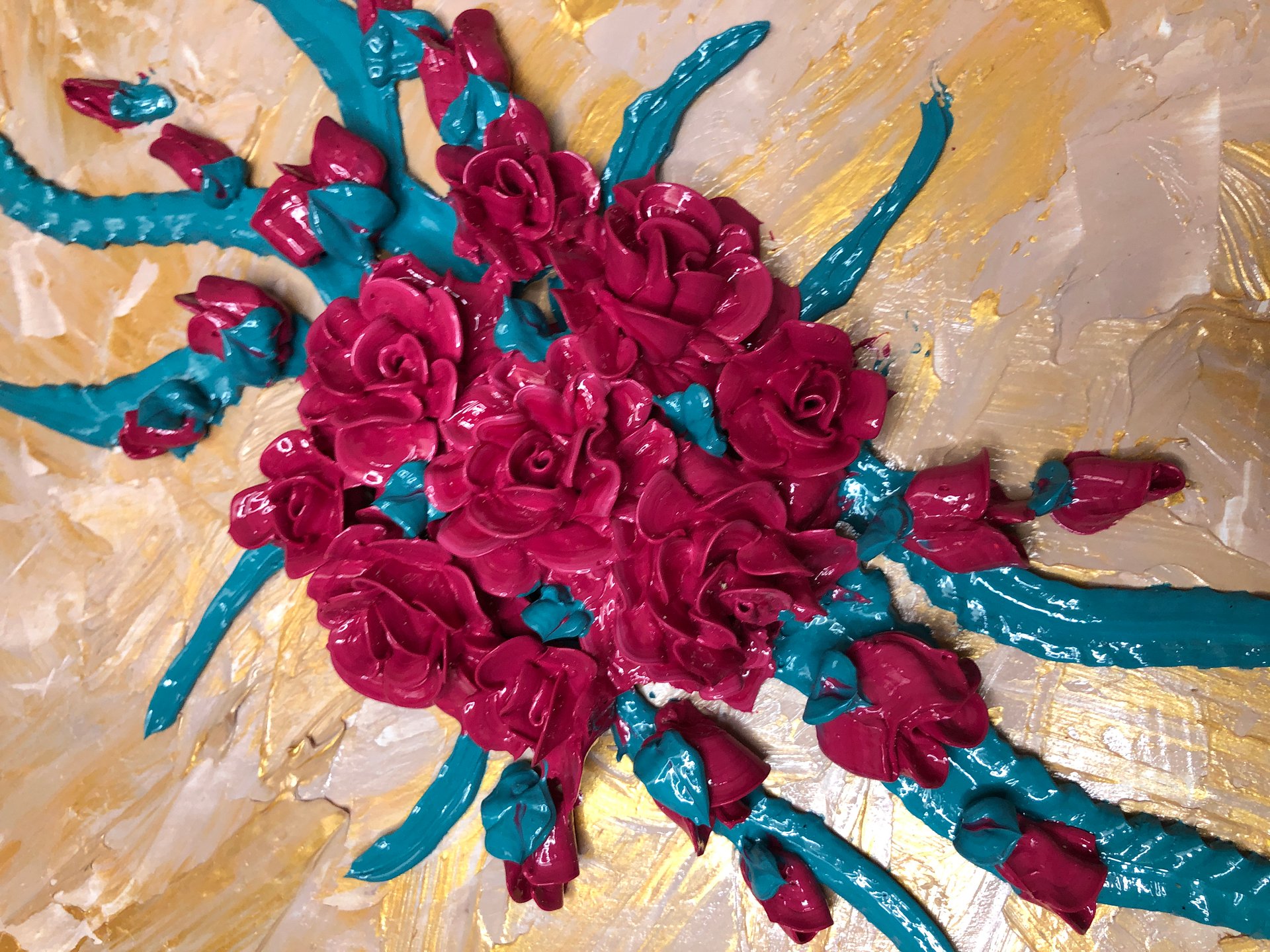 9" x 12" Gold background with Fushia pink roses and green leaves Impasto painting product image (3)