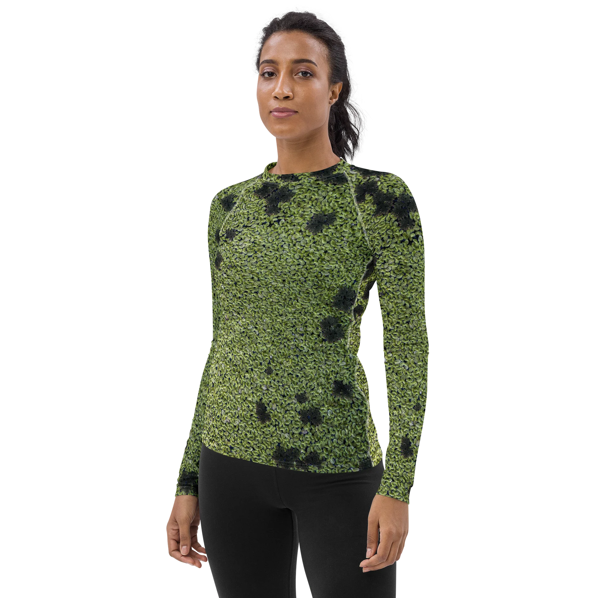 Verdant Life: Women’s All-Over Print Earthy Green Seeds Long Sleeve Rashguard | Water Sports & Surf Shirt | Botanical Athletic Compression Swim Shirt product image (3)