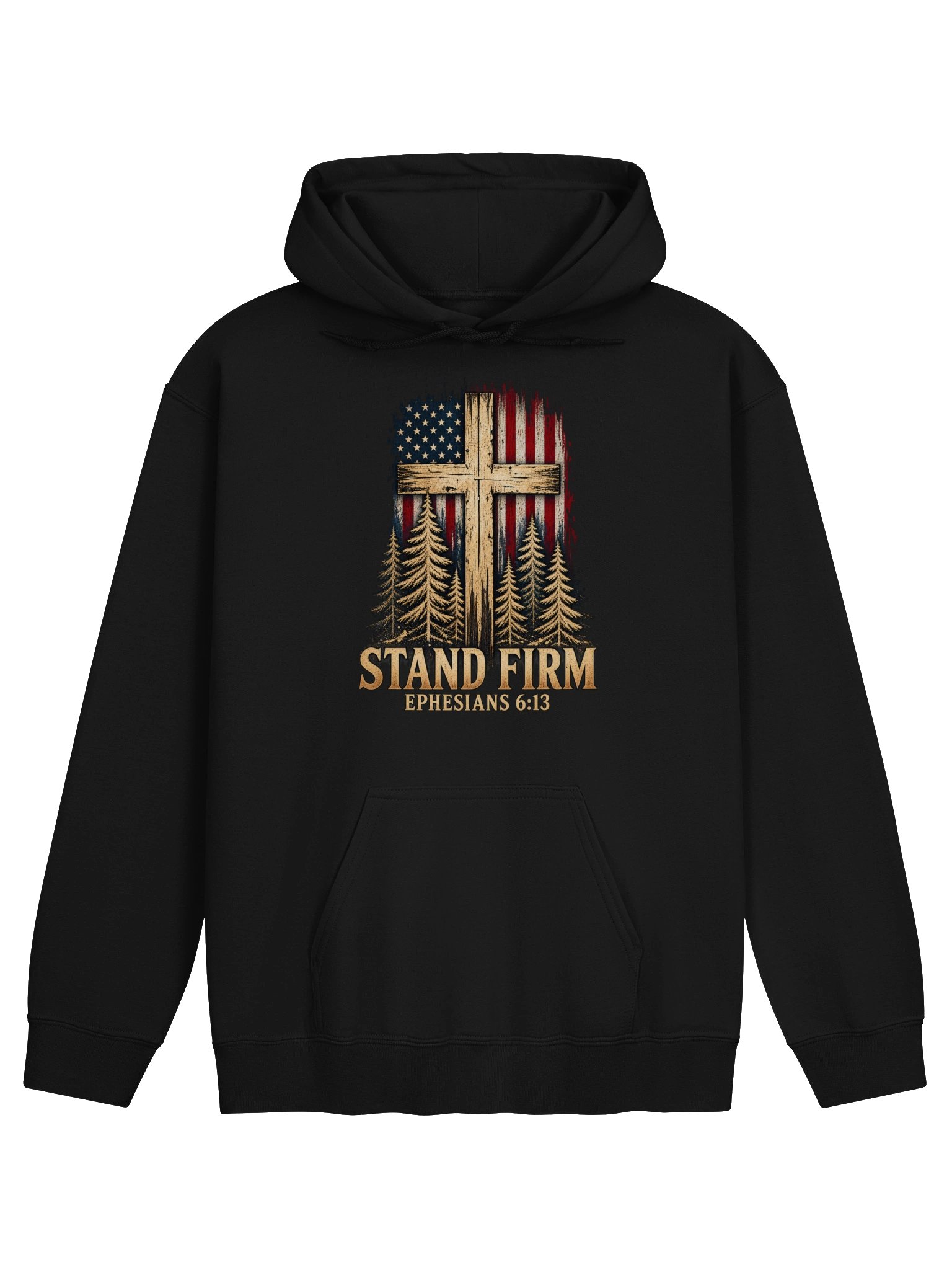 Stand Firm Christian Hoodie – Cross, American Flag & Pine Forest product image (1)