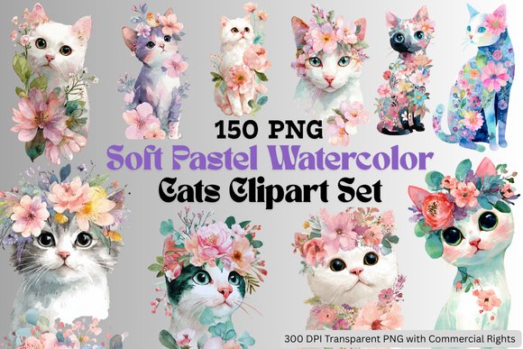 Soft Pastel Watercolor Cats Clipart Set, 150 PNGs for DIY & Commercial Use product image (1)