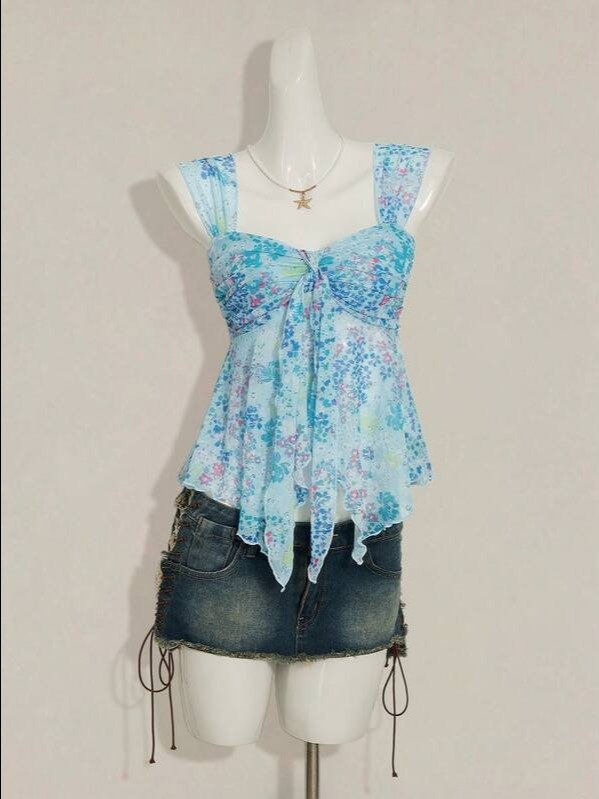 Ditsy Floral Asymmetrical Ruched Knot Cami Top | Women's Boho Wide Strap Mesh Blouse for Summer Vacation & Fall Outfits | ADLEST product image (3)