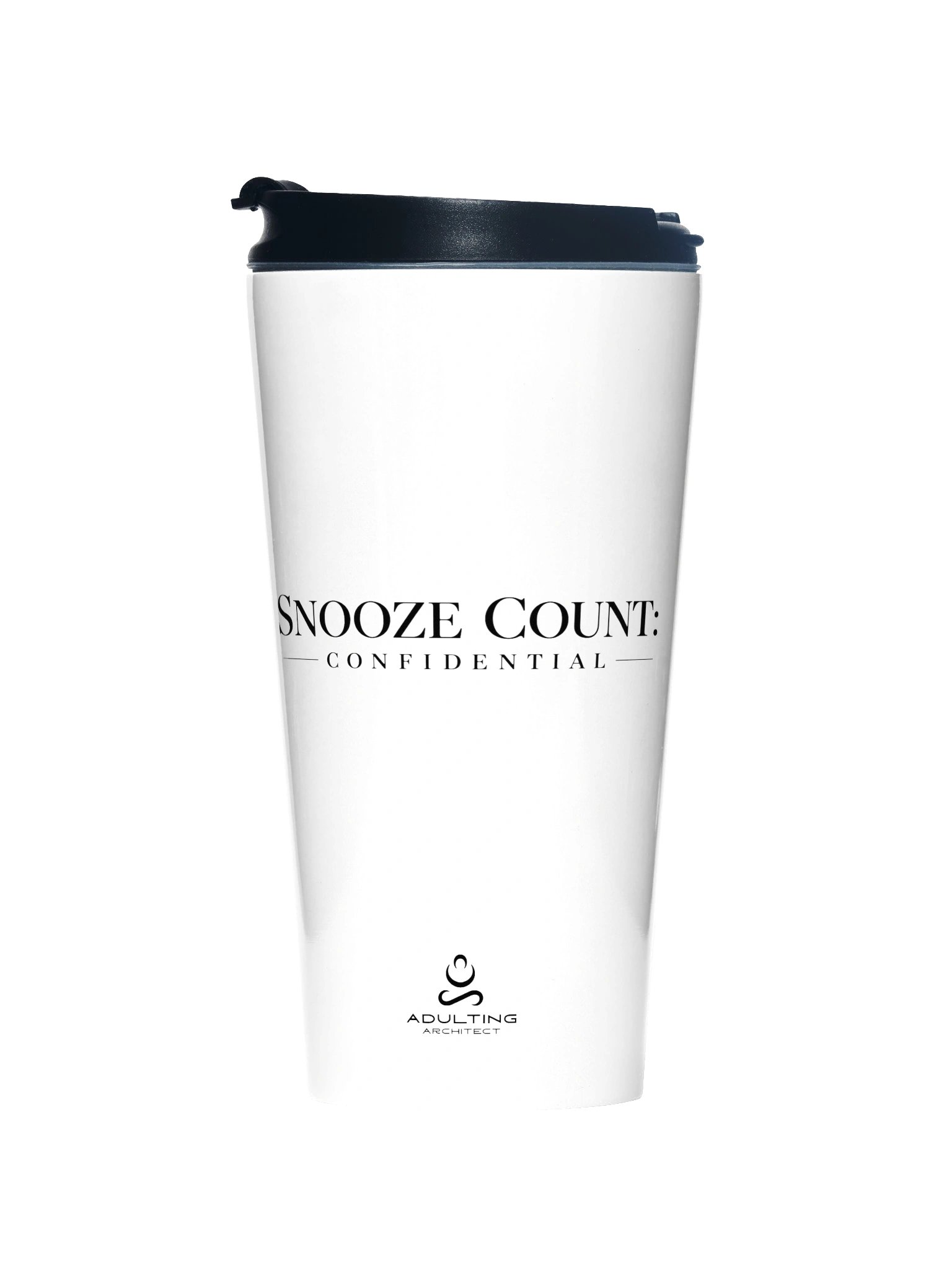 “Snooze Count: Confidential” — White Stainless Steel Travel Mug product image (1)