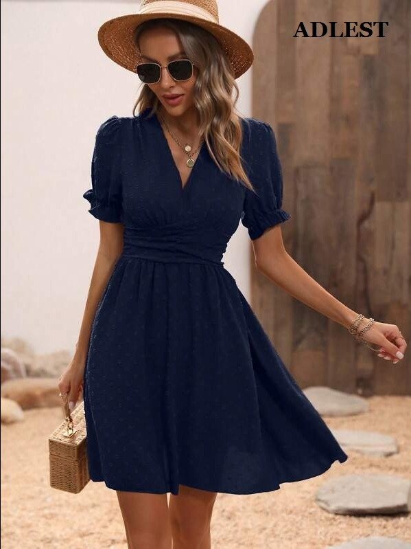 Breezaya Swiss Dot Puff Sleeve Ruffle Detail Shirred Waist A-Line Dress Burgundy Color Women Outfit product image (7)