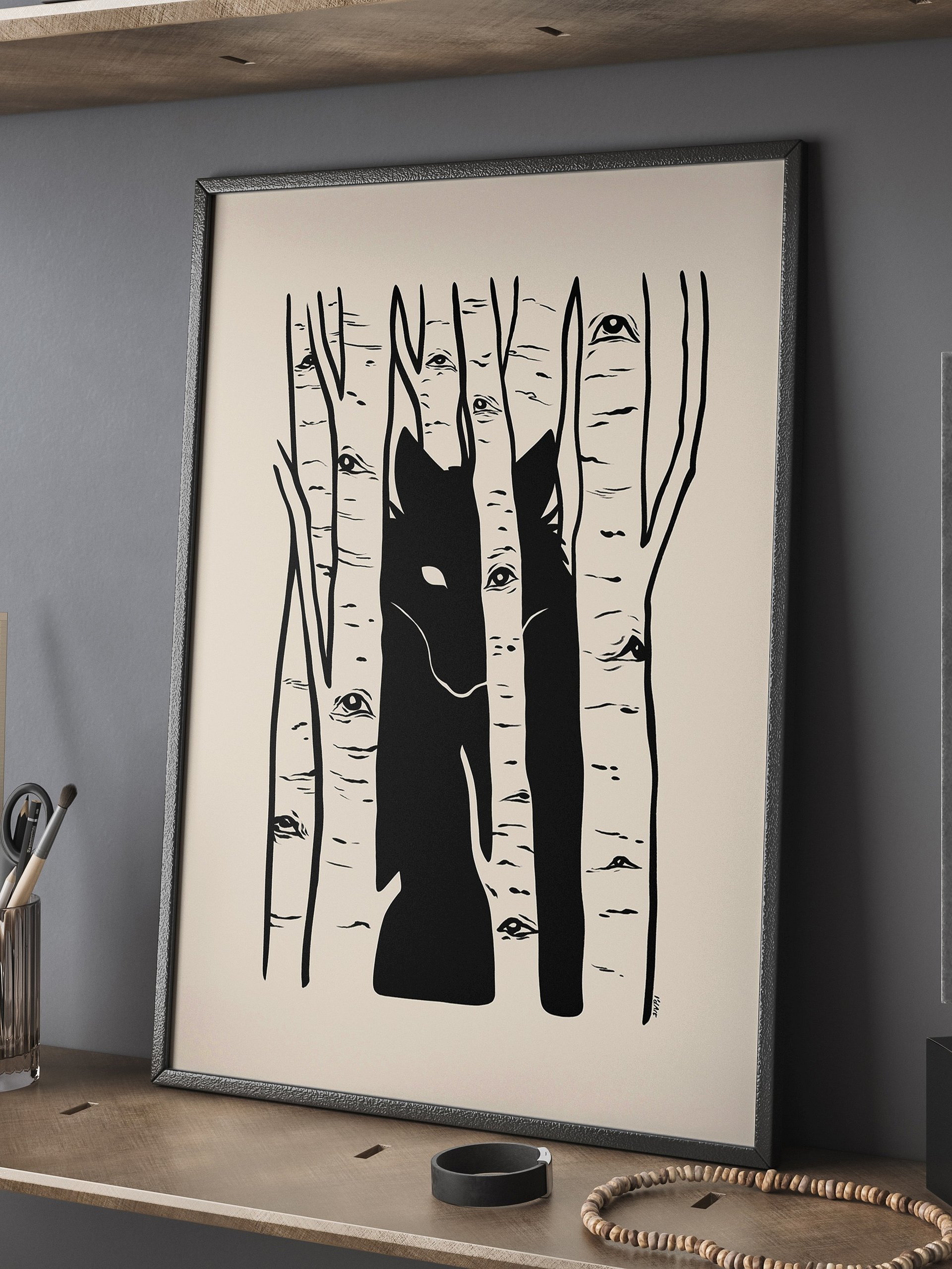 Aspen Eyes Hidden Watcher, Birch Trees & Black Wolf Art product image (3)