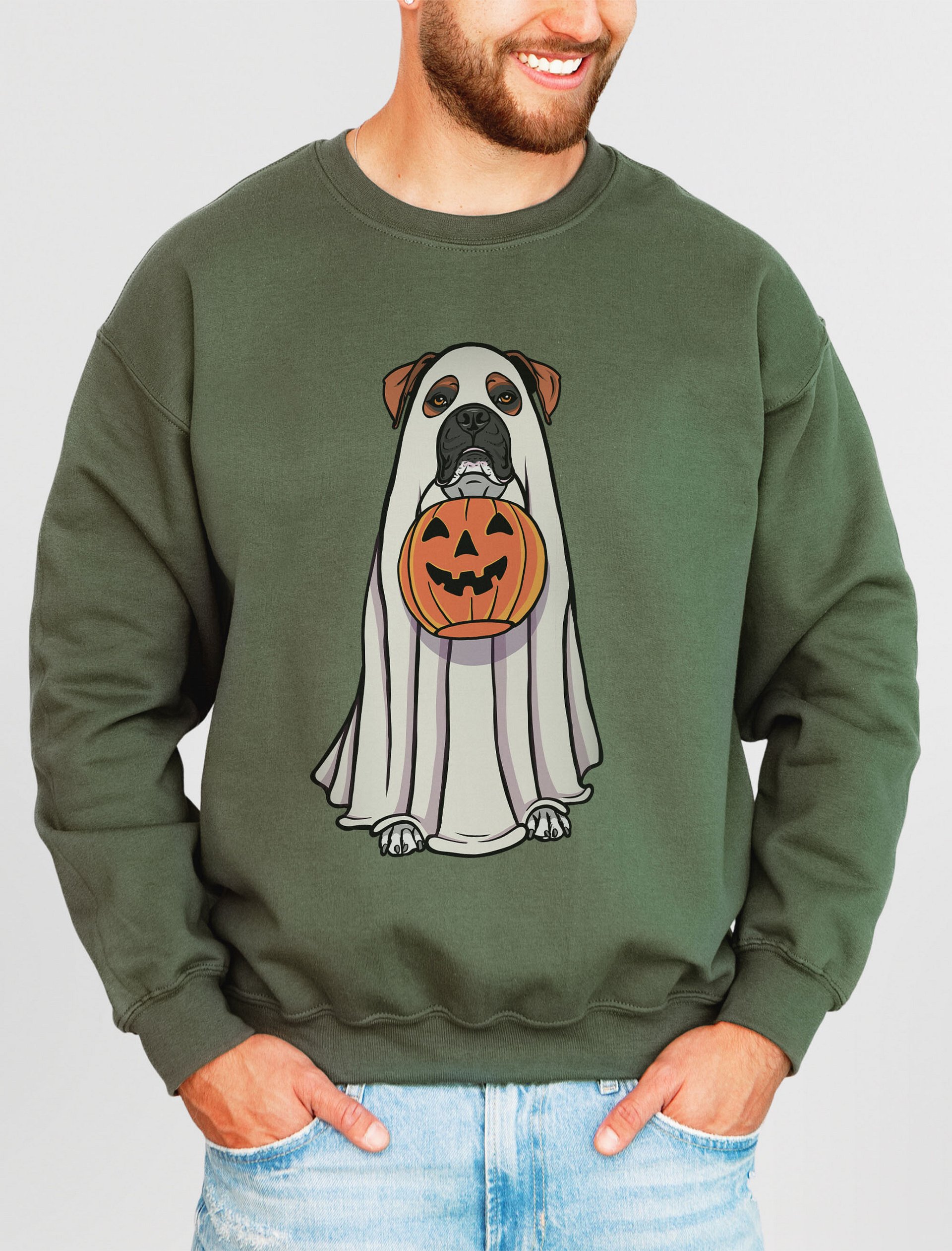 Funny Halloween Boxer Dog(Black Mask) Sweatshirt | Funny Boxer Wearing a Ghost Costume and Holding a Pumpkin Basket product image (2)