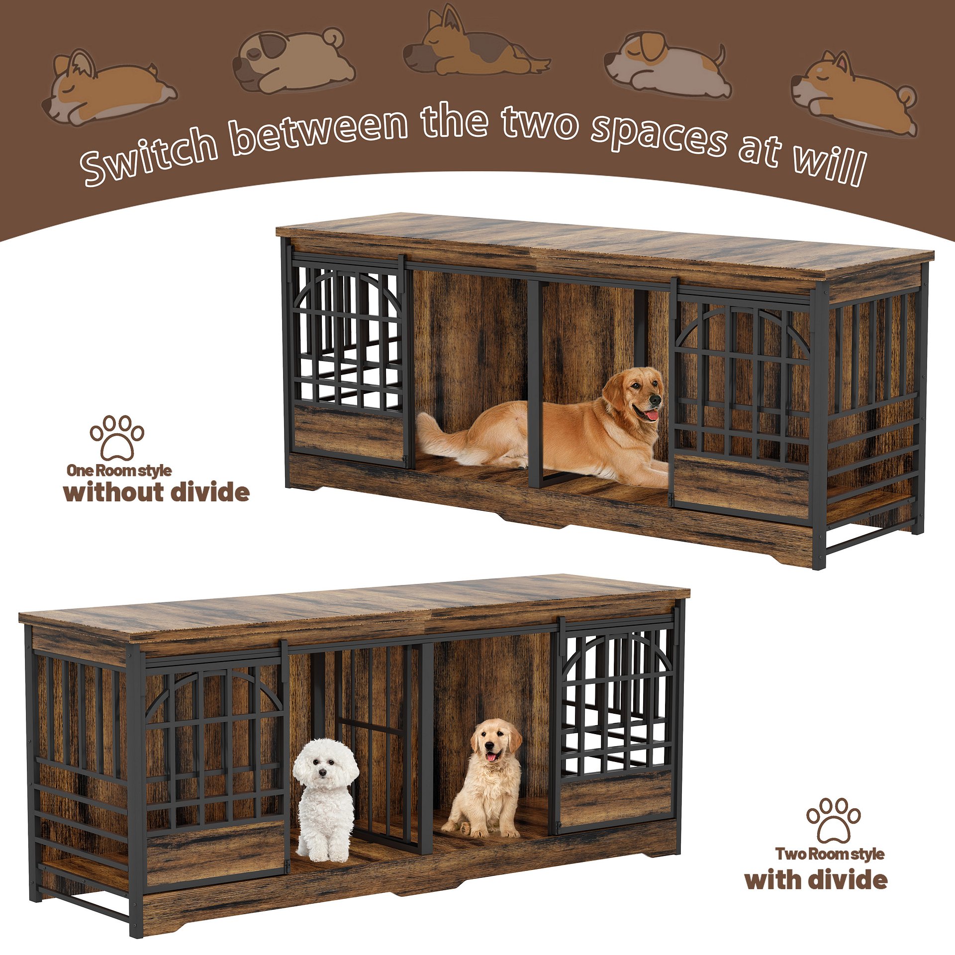 78 Inch Double Dog Crate Furniture, Extra Large Dog Kennel Indoor with Divider, Heavy Duty Dog Cage for 2 Dogs, Decorative Wooden Dog House Decorative Table TV Stand, Pet House for XLarge Dogs,Brown product image (9)