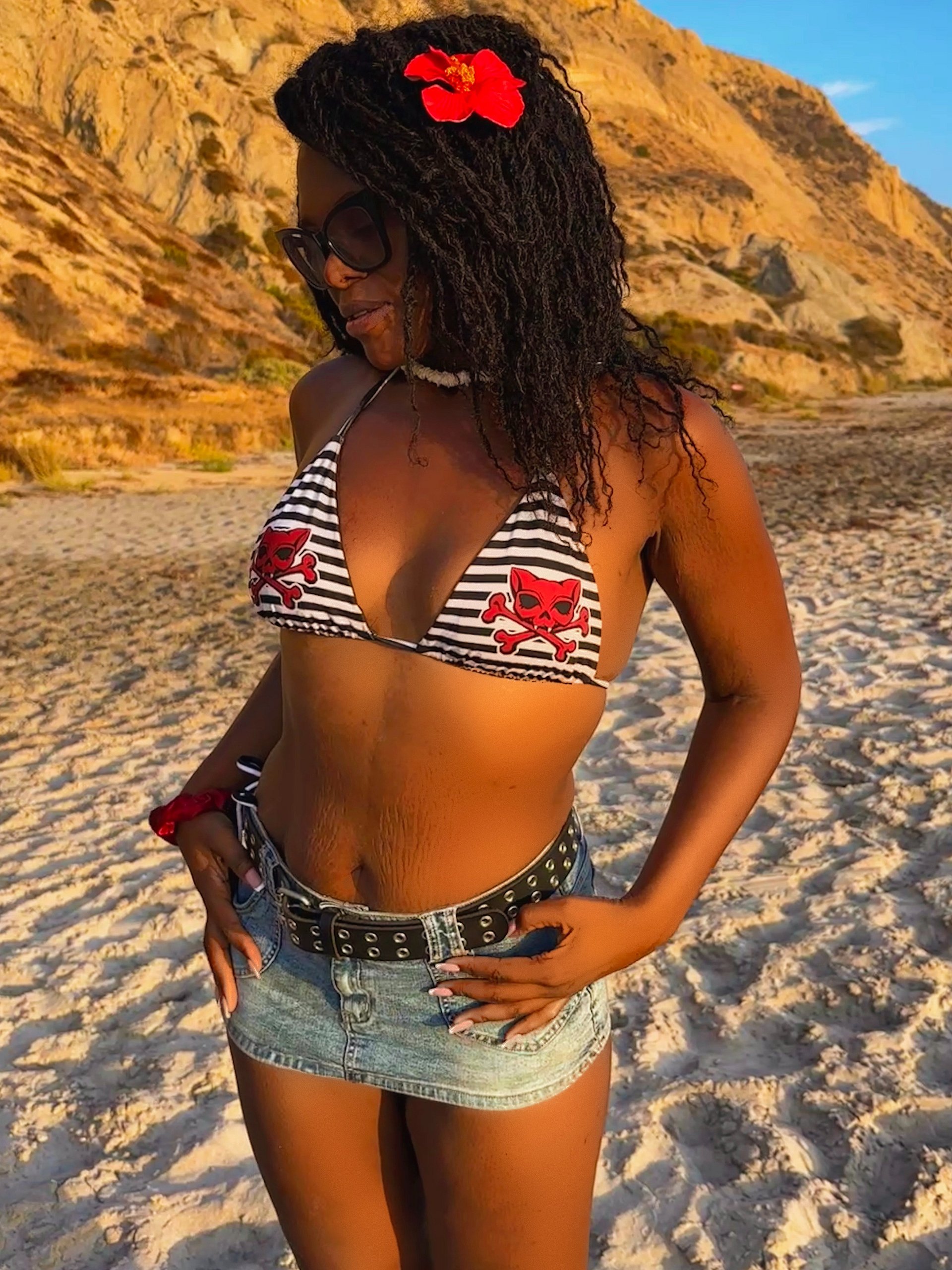 White and Blaque Red Kat Skull Stripped Bikini product image (1)