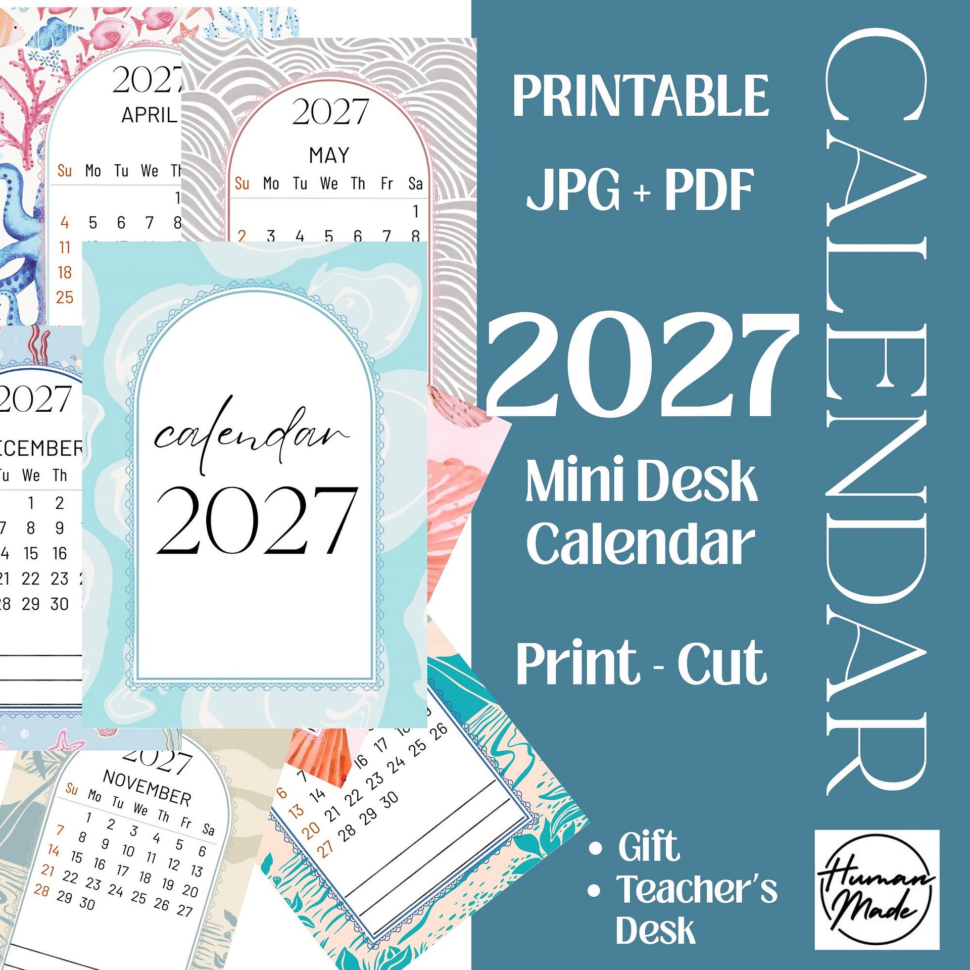 2027 Ocean Themed Mini Desk Calendar Teacher's Gift Small Printable with Easel product image (1)