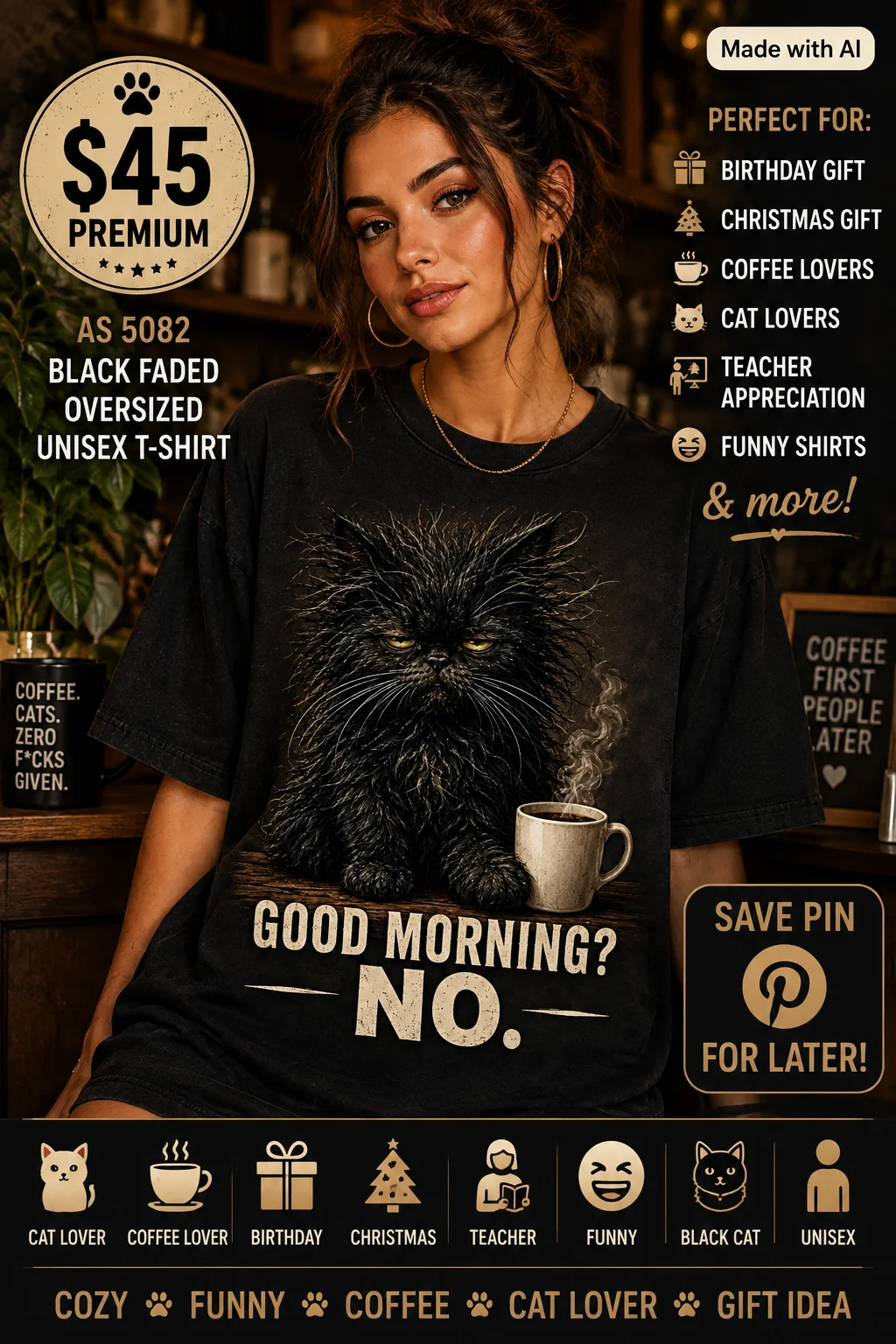 Good Morning? NO. Black Cat Coffee T-Shirt | Funny Cat Lover Gift product image (1)