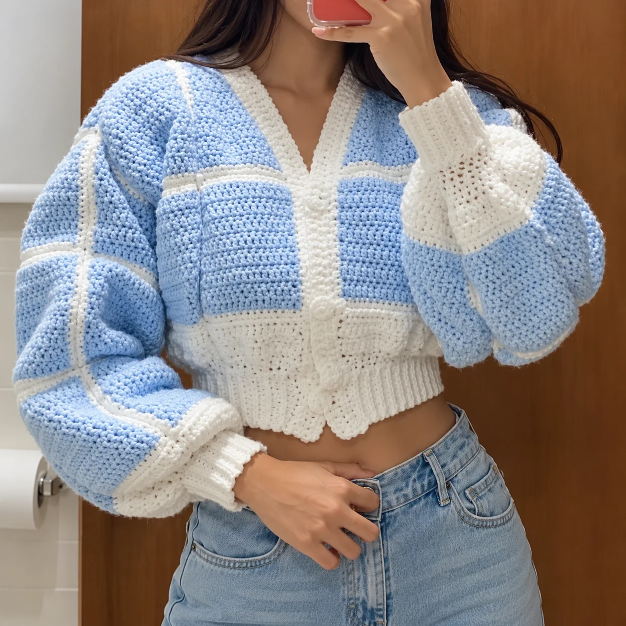 Pastel Blue Crochet Cardigan PDF Pattern | Cropped Patchwork Cardigan | Balloon Sleeve Crochet Pattern | Digital Download product image (2)