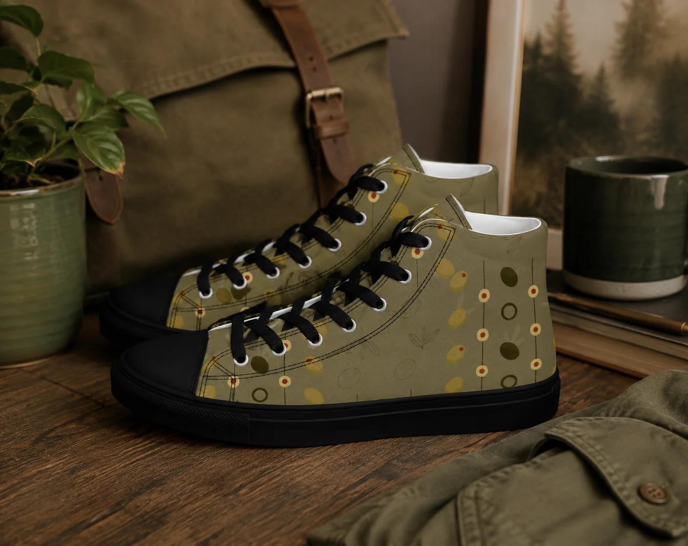 Olive Geometry Men's High Top Canvas Shoes product image (2)