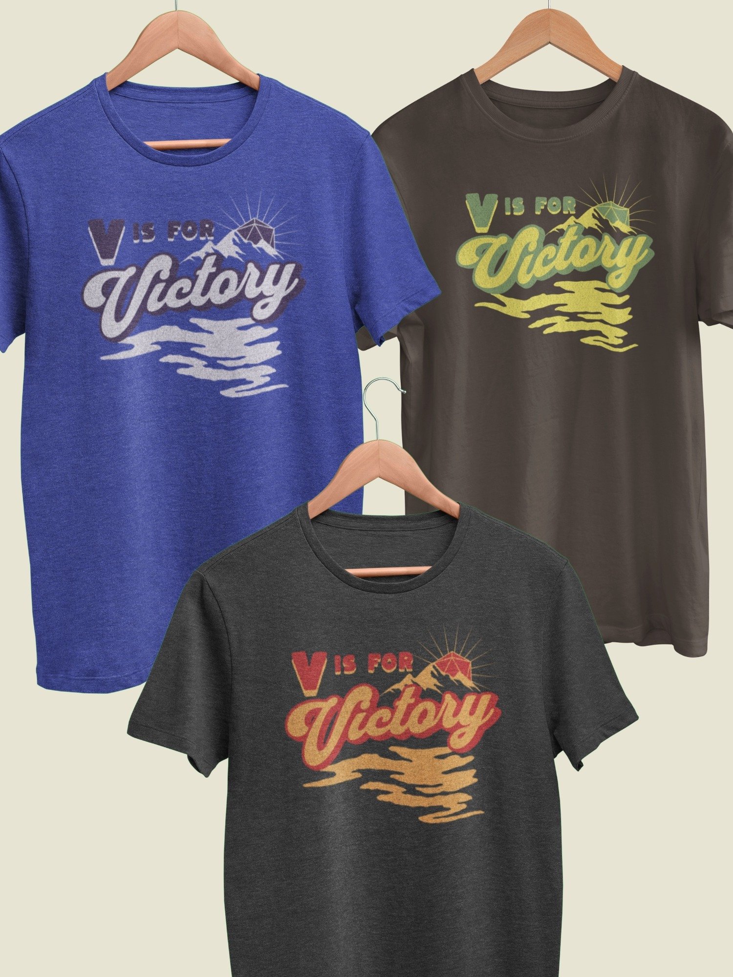 Retro D20 Sunrise Board Game Shirt, V is for Victory T-shirt, on Brown product image (4)