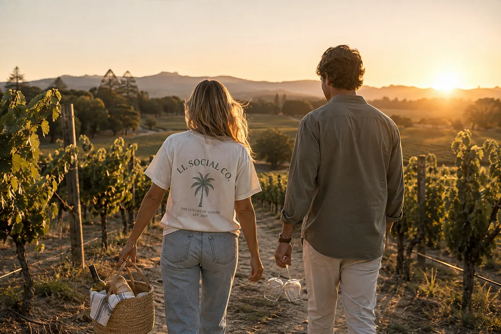 Couple walking through a California vineyard at golden hour, with one person wearing an LL Social Co. T-shirt and carrying a picnic basket.