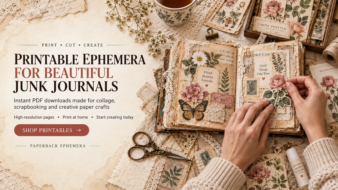 Printable ephemera for junk journals with vintage floral collage pages and instant PDF download