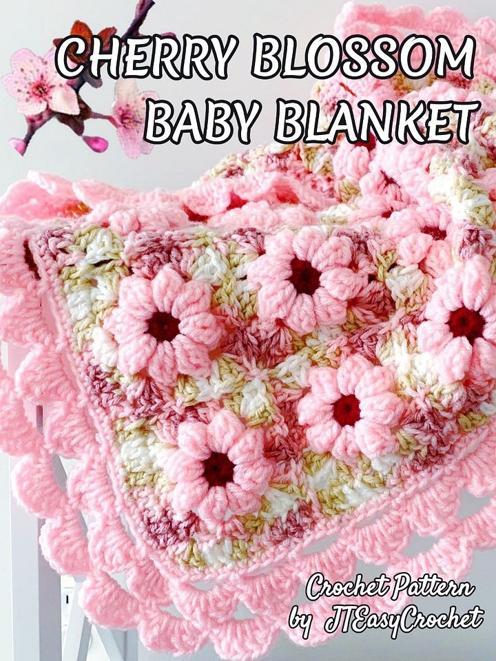 Cherry Blossom Baby Blanket Crochet Pattern, Textured 3D Floral Granny Squares Couch Throw product image (1)