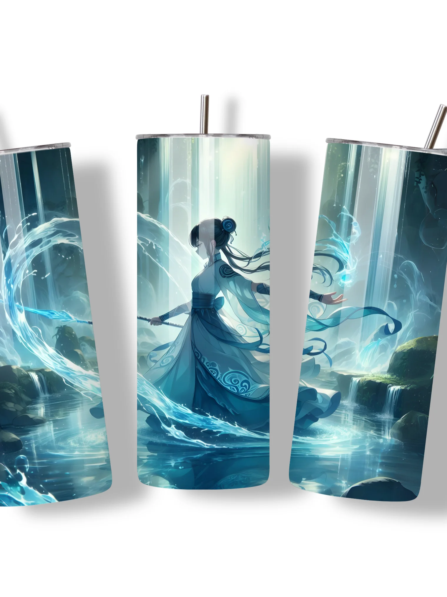 Elemental Anime Girl 20oz Skinny Tumblers with Metal Straws – Fire, Water, Earth, and Wind Designs – Double-Walled Insulated Stainless Steel Tumbler, Gift for Anime Fans and Nature Lovers (Water) product image (3)
