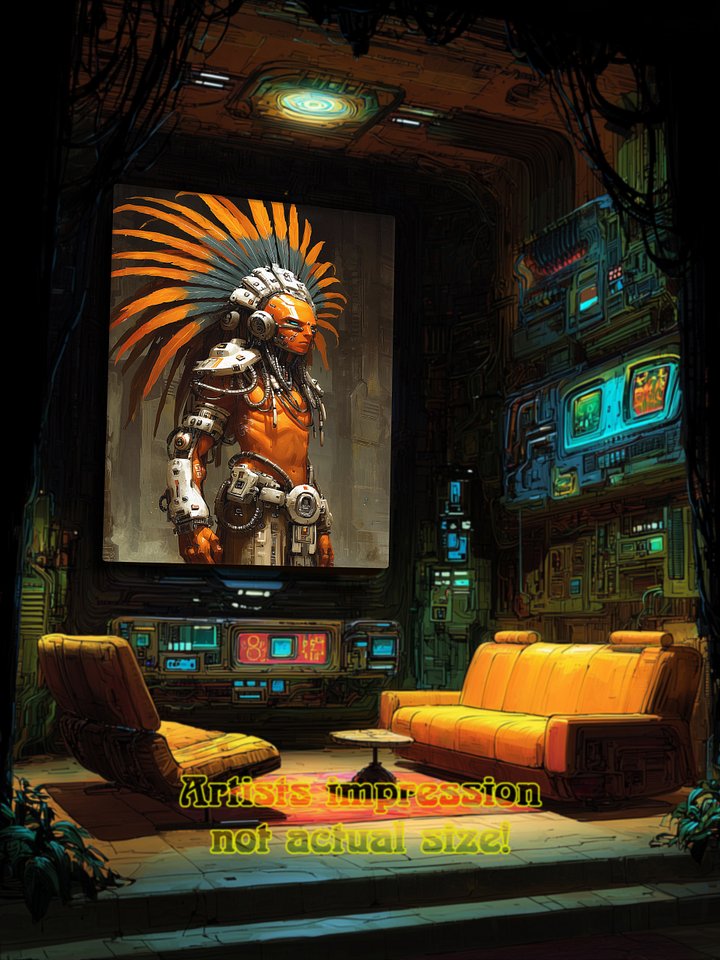 Neo-Sun Warrior Wall Art Print – Cybernetic Aztec-Inspired Futurism Poster (40x60in) product image (1)