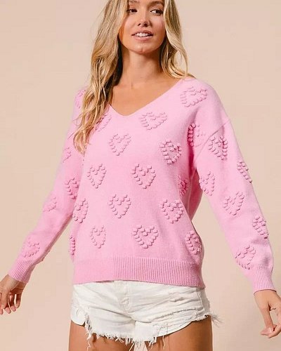 Check out BiBi Valentines Heart Pompom V Neck Knit Top This charming knit top is perfect for Valentine's Day with its heart p...