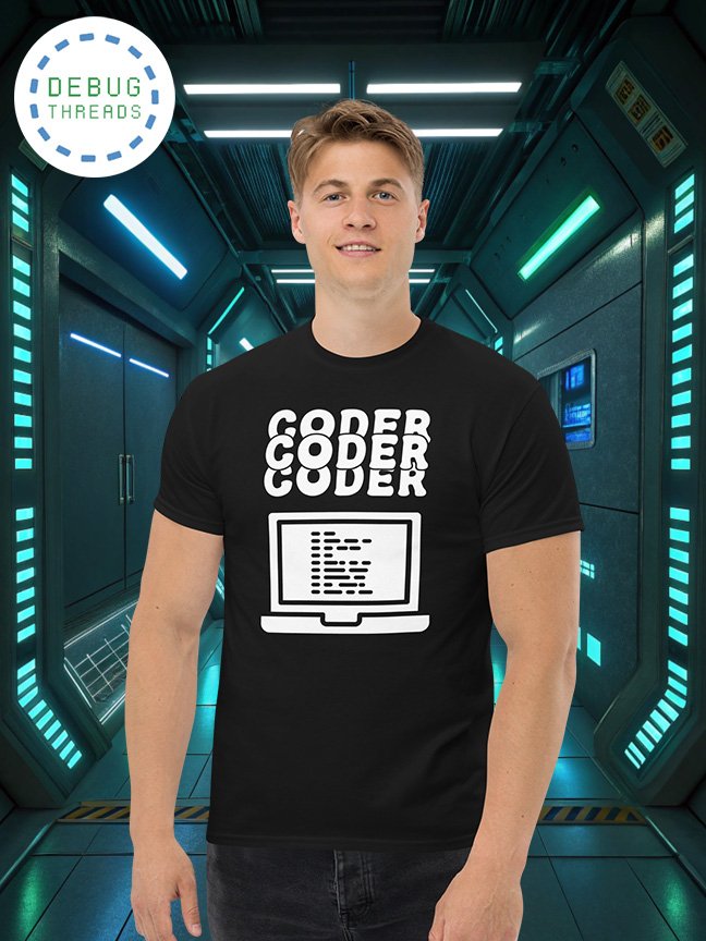 "Coder" Triple Text Design with Laptop - T-Shirt for Coders product image (1)