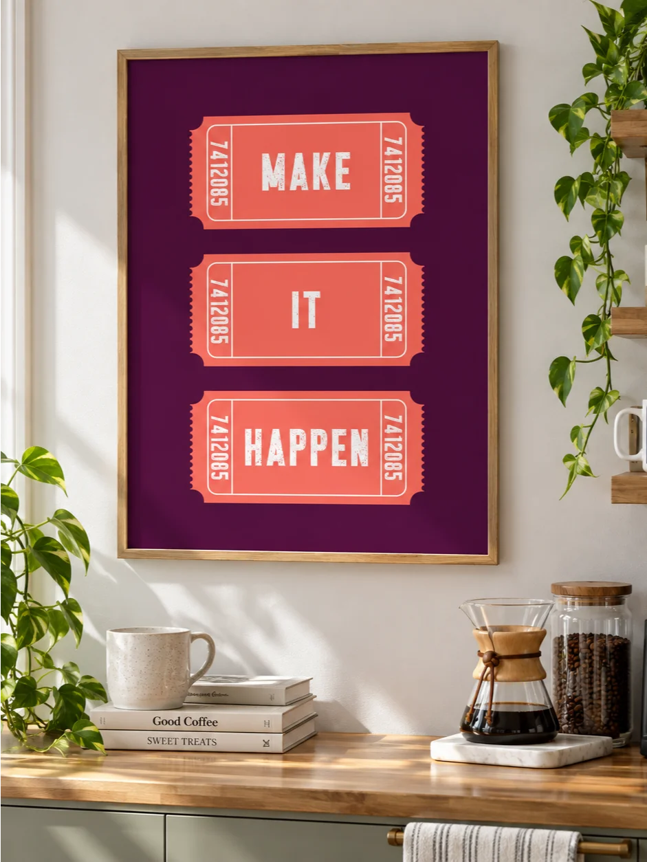 Make It Happen Motivational Poster, Retro Ticket Design, Purple Coral Typography Wall Art, Distressed Lettering, Printable Inspirational Art product image (1)