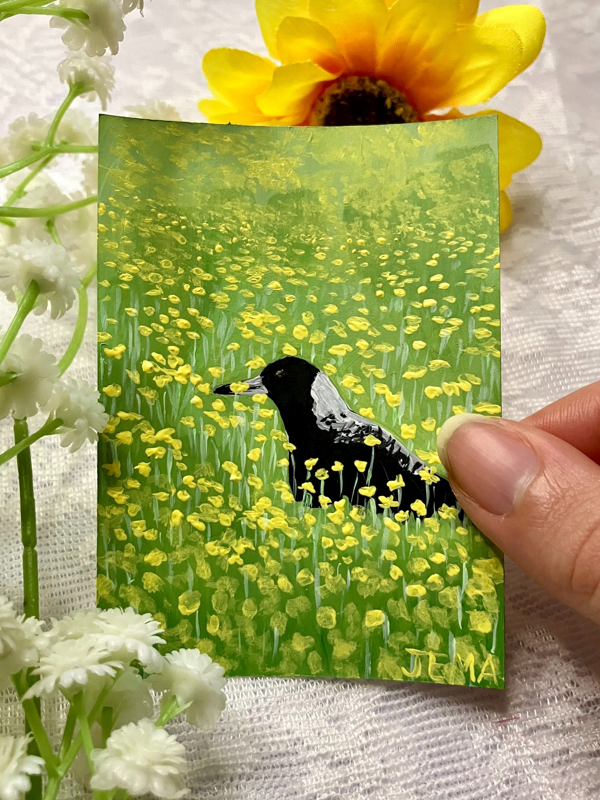 Magpie In Yellow Flowers ACEO Original Acrylic Painting product image (3)
