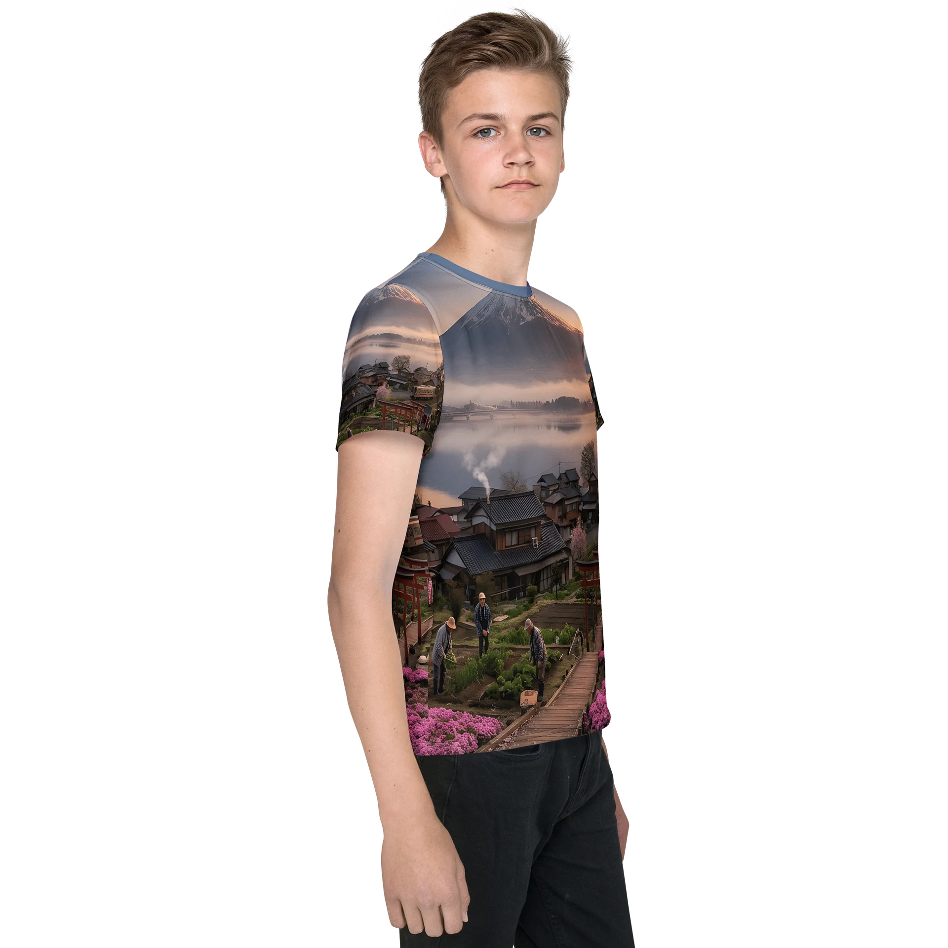 Mount Fuji & Pink Moss Youth Crew Neck T-Shirt | All-Over Print Tee product image (6)