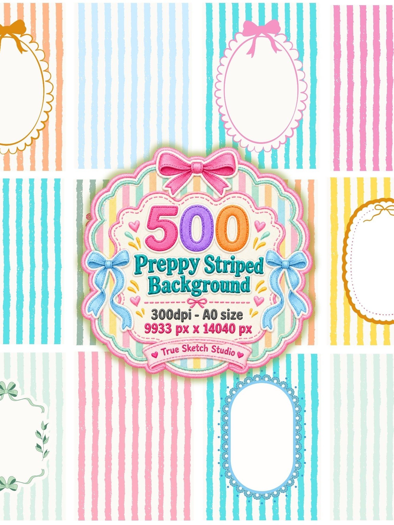 500 Preppy Striped Digital Paper Bundle, Pastel Coquette Bow Backgrounds, Scalloped Frames, Printable Stationery, Scrapbook Pages, A0 300DPI product image (4)