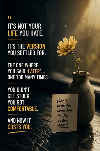 “It’s not your life you hate.
It’s the version you settled for.
The one where you said ‘later’…
one too many times.
You didn’...