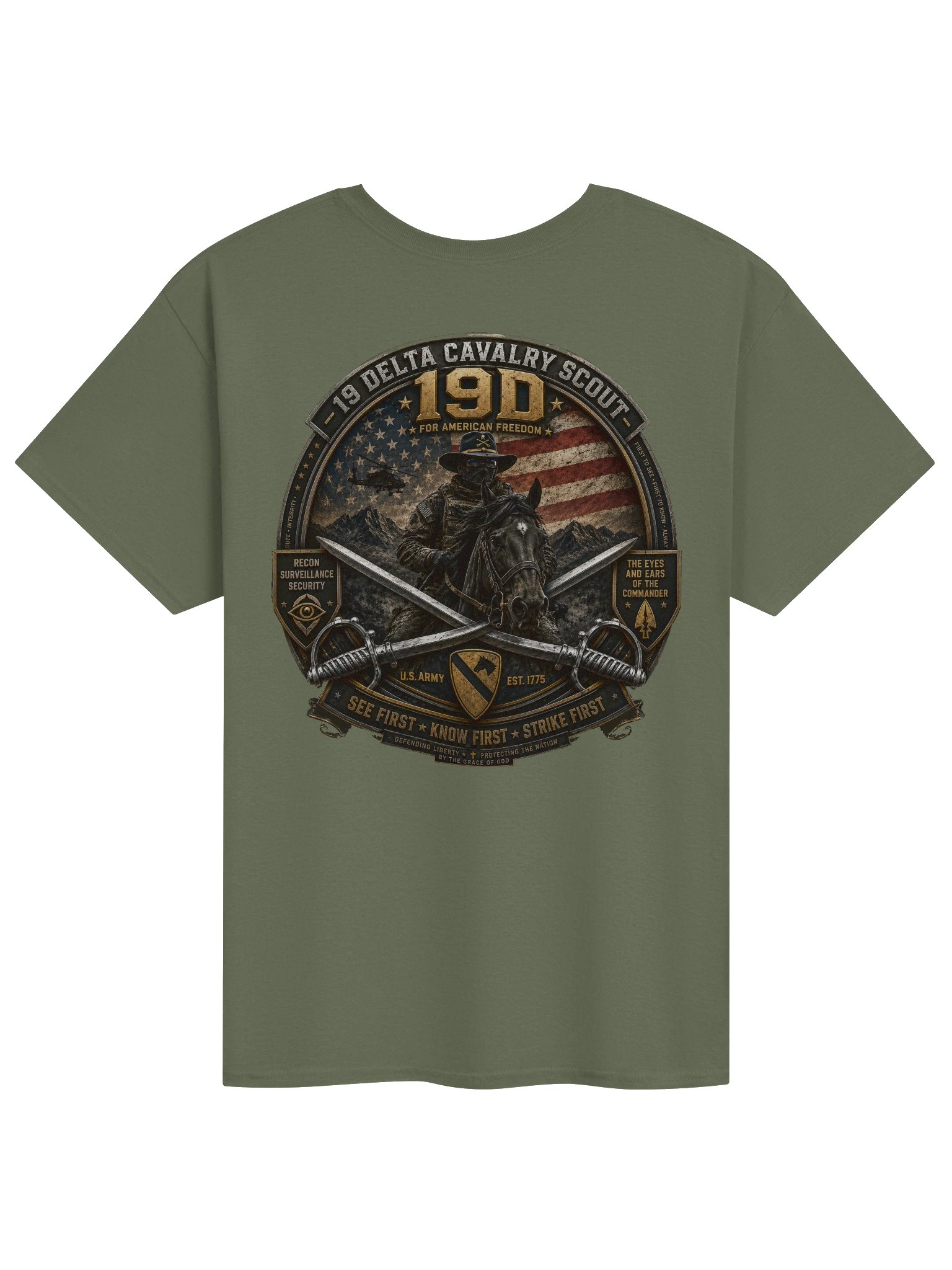 19 Delta Cavalry Scout – See First • Know First • Strike First | American Freedom Veteran Tribute Tee product image (1)