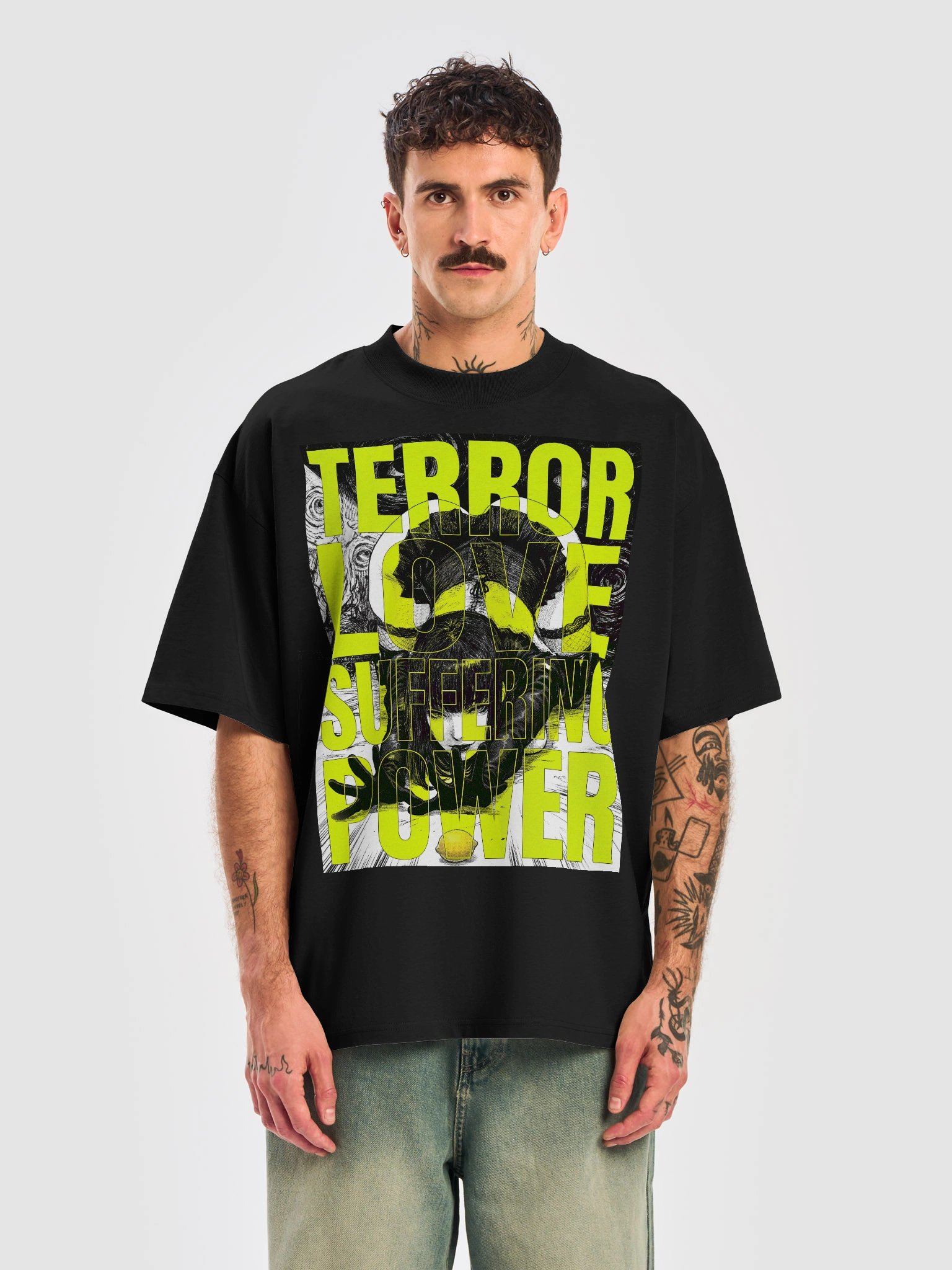TERROR & LOVE LEMON front Organic Oversized Dark T-Shirt product image (3)