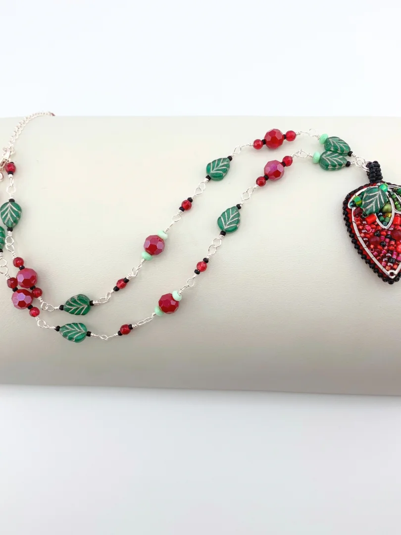Bead Embroidered Strawberry Pendant Necklace and Earrings Set product image (4)
