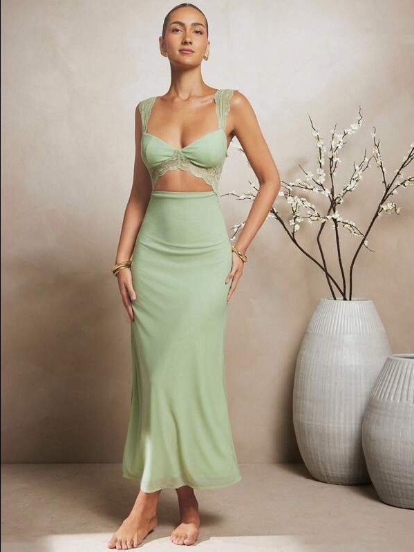 Elegant Lace Mesh Cut Out Sleeveless Maxi Dress product image (1)