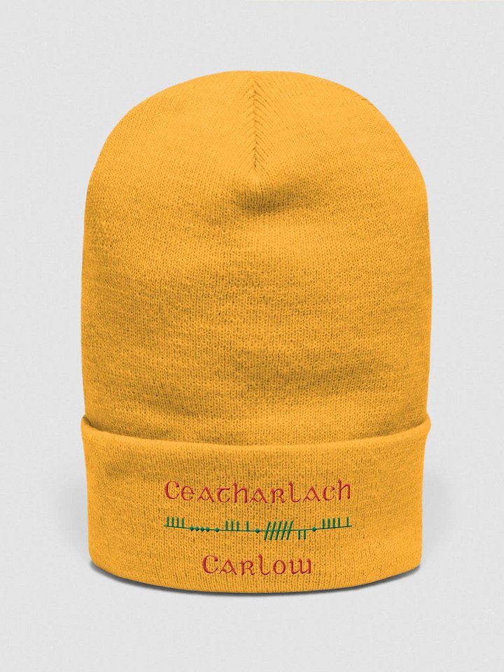 Carlow/Ceatharlach, Gold with Green and Red, Orthodox Style Ogham embroidered Cuffed Beanie product image (1)