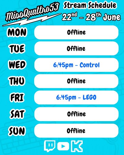 Here’s this week’s stream schedule.

Couple more weeks to go I think…we’ll be finishing Control, building the LEGO F1 McLaren...