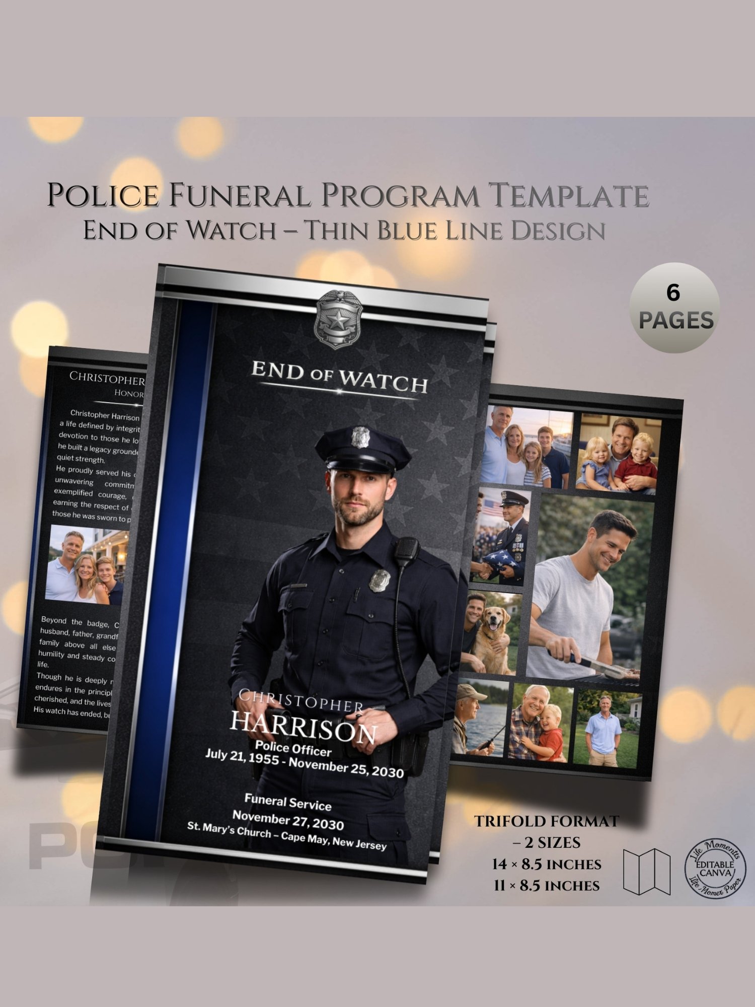 Police Obituary Funeral Program Canva Template | Thin Blue Line 6-Page Trifold Memorial product image (1)