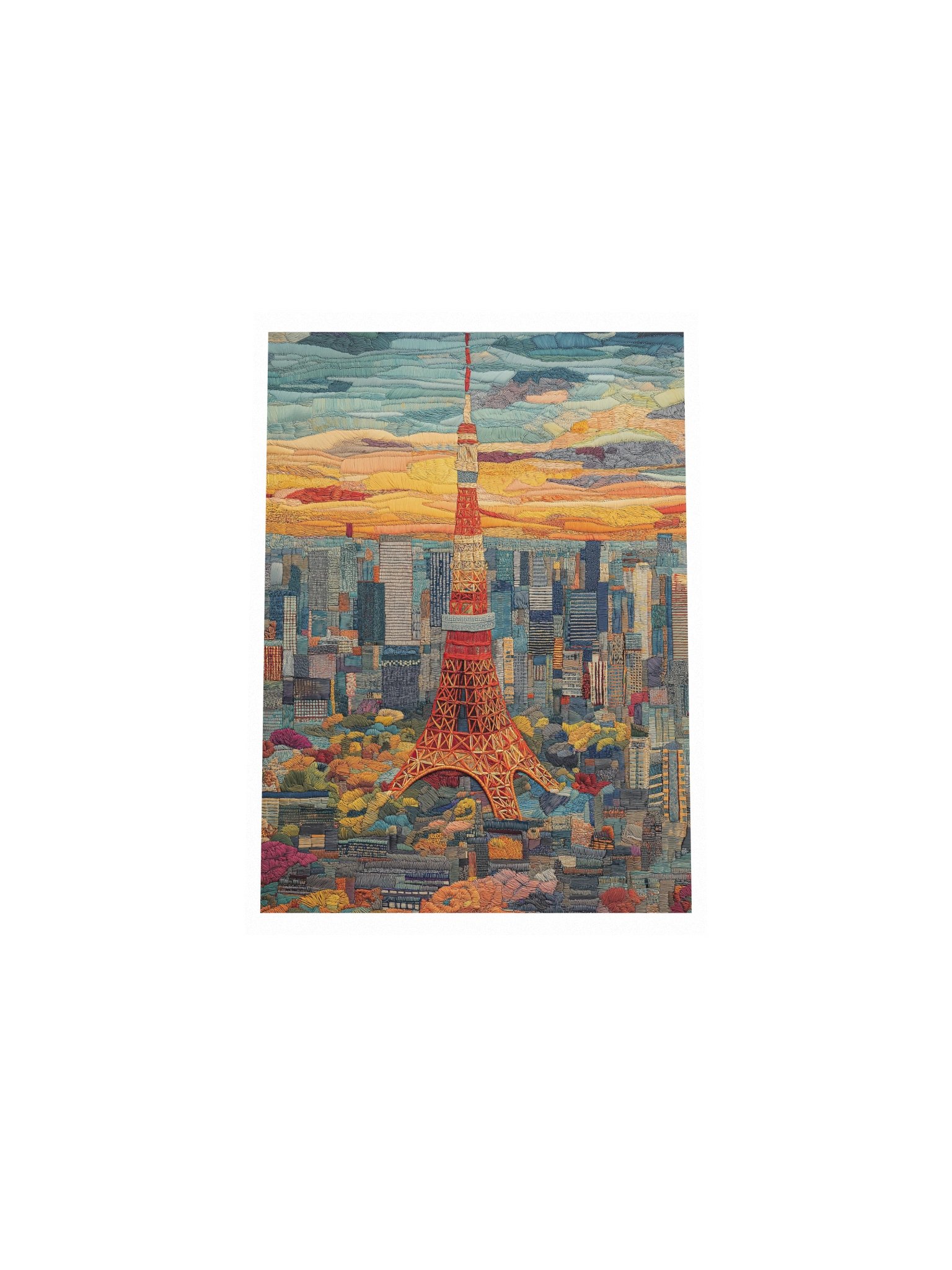 Golden Hour in Tokyo | Embroidery-Style Wall Art — Unframed Print product image (4)
