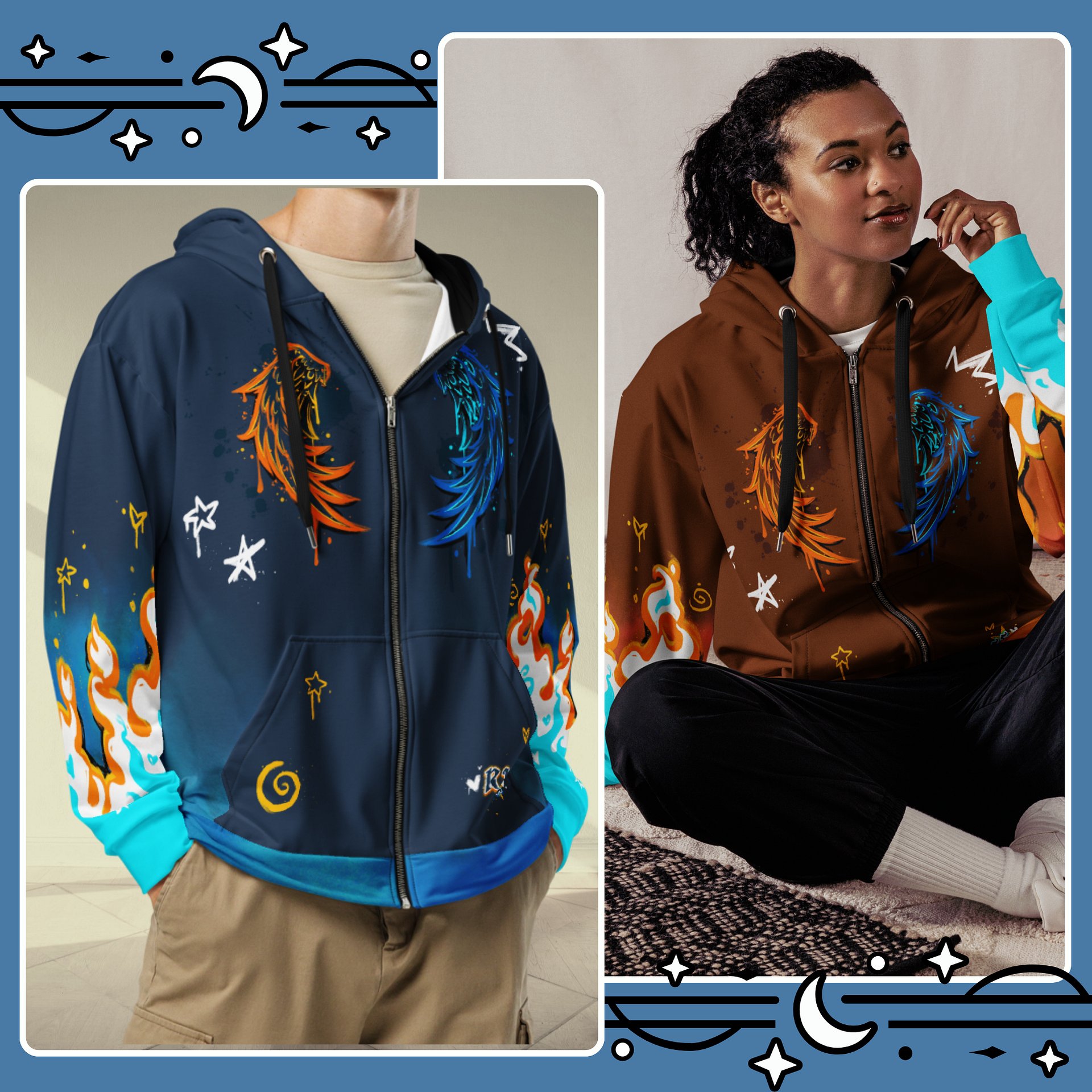 RISE Collection: Subtle Aroace Pride Phoenix Zip Hoodie - BLUE product image (2)