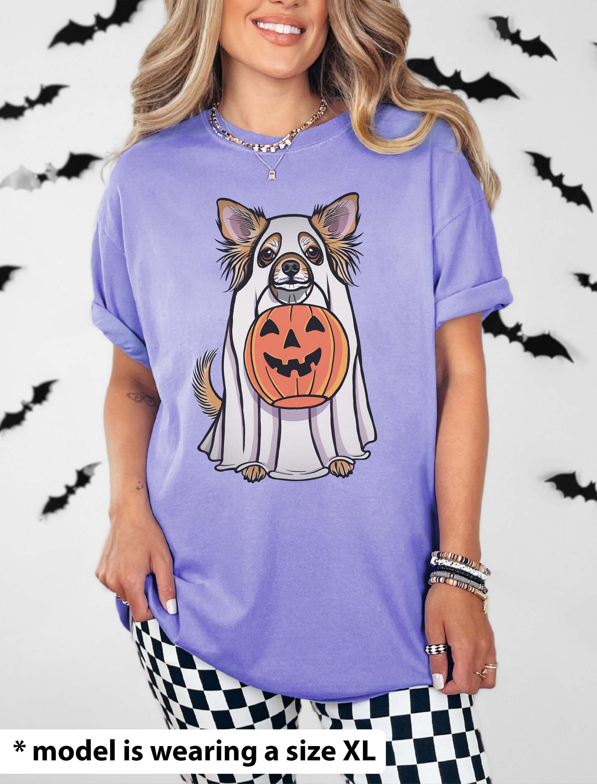 Funny Halloween Longhaired Chihuahua T-Shirt | Funny Chihuahua Wearing a Ghost Costume and Holding a Pumpkin Basket product image (2)