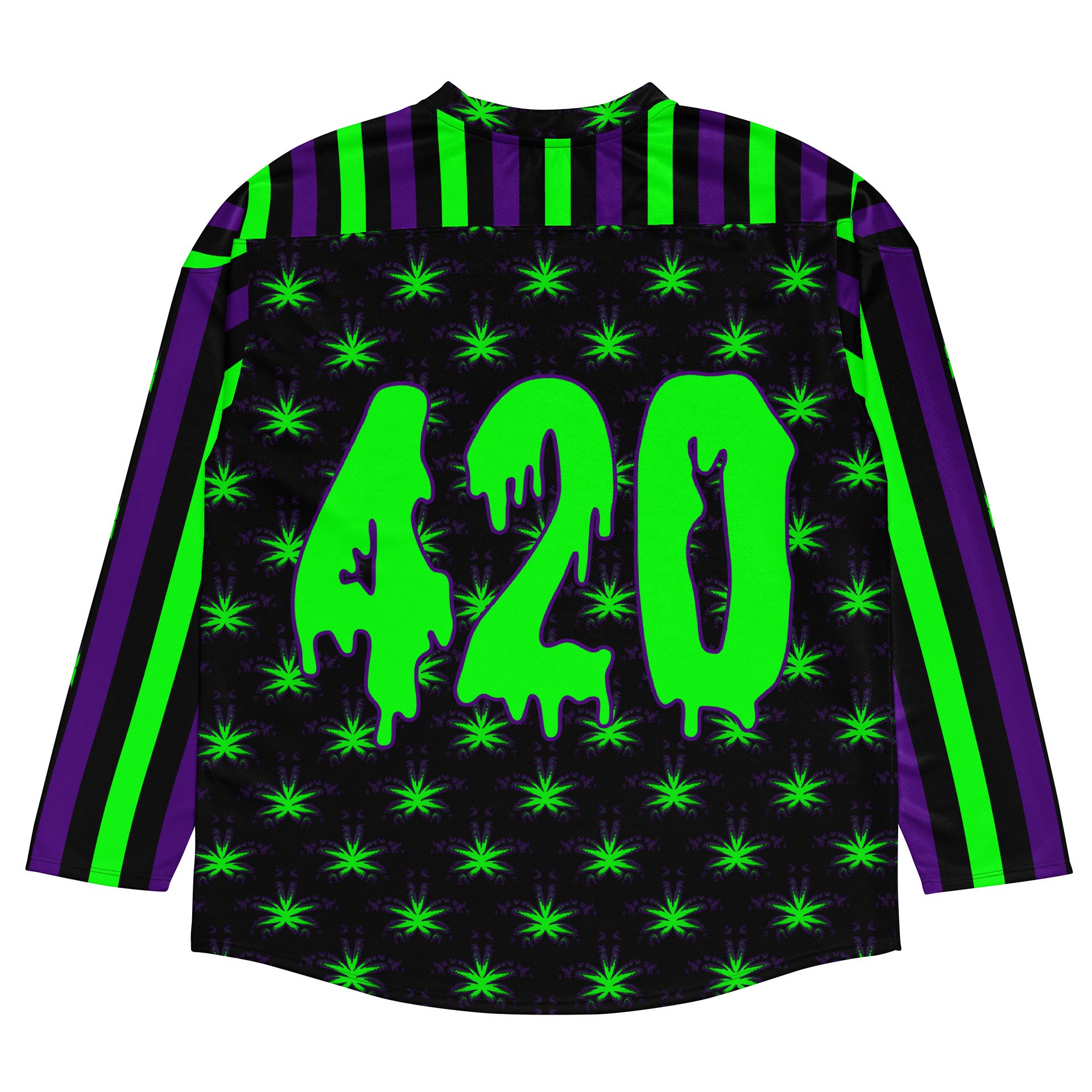 Rave 420 Fan Hockey Jersey, Circus Stripes Stoner Shirt, Neon Green Purple Black Creepy Cannabis Clothing, Weed Leaf Festival Fashion product image (8)