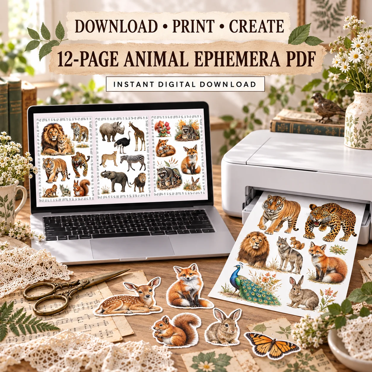 Animal Ephemera Printable PDF – 12 Woodland & Wild Animal Junk Journal Pages product image (3)