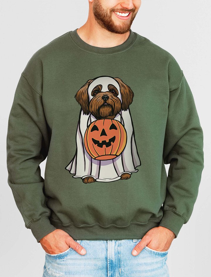 Funny Halloween Shih Tzu(Red) Sweatshirt | Funny Dog Wearing a Ghost Costume and Holding a Pumpkin Basket product image (2)
